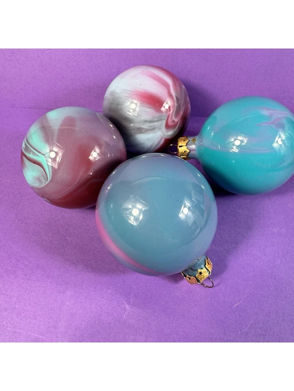4 Vintage Glass Christmas Ornaments Swirl Marbled Red Blue Teal Handpainted 1990